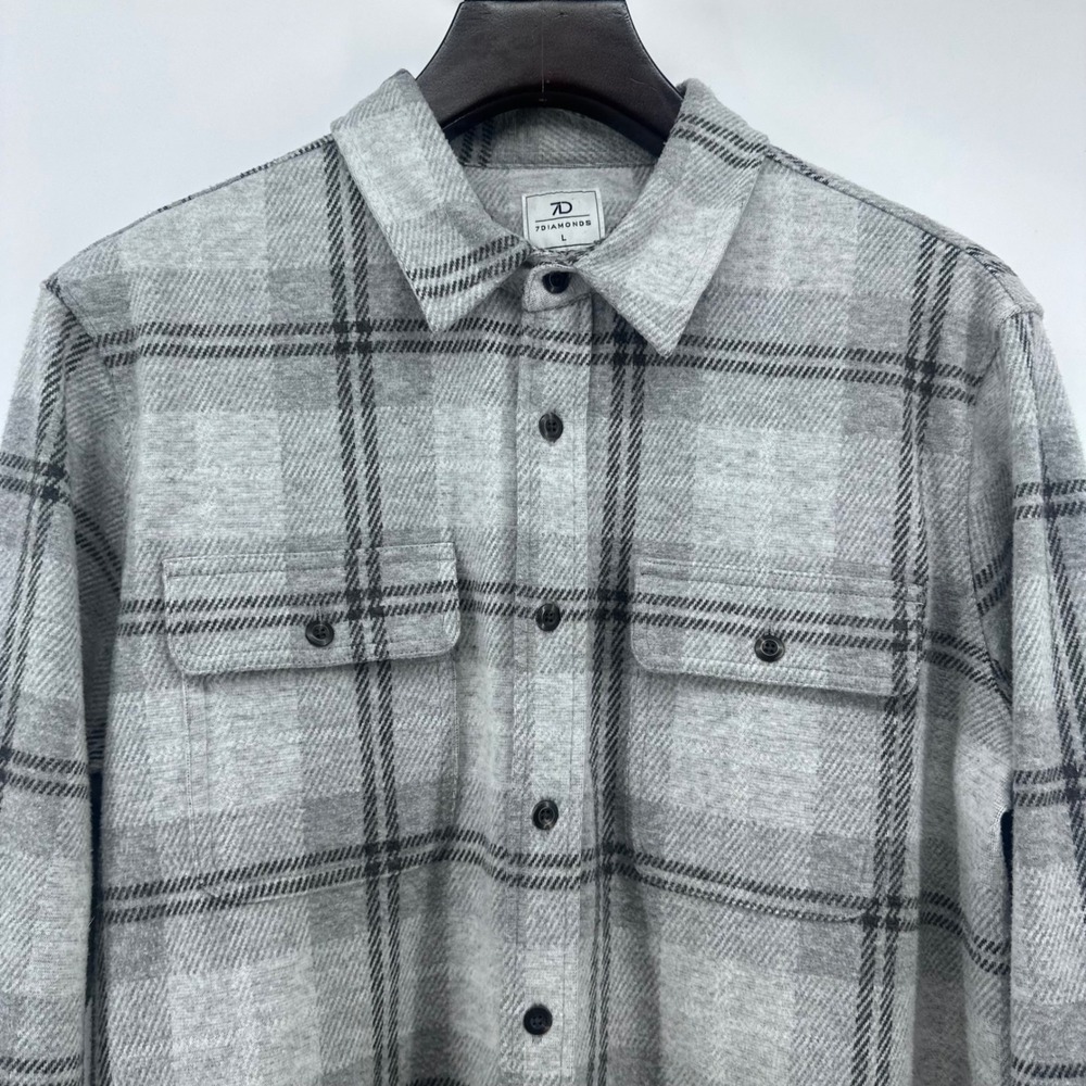 7Diamonds Shirt Mens Large Grey Plaid Knit Flannel‎ Shacket Button Down L/S - Picture 10 of 13
